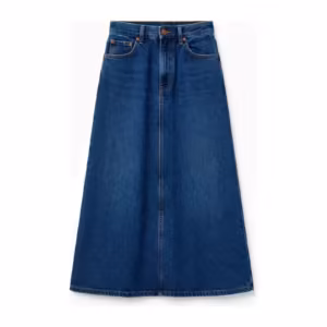 Ladies' A-line midi denim skirt in mid indigo wash, full front view with five-pocket styling, coin pocket, copper stitching and fastened metal button fly