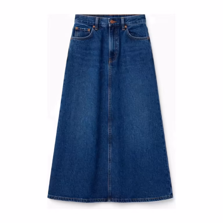 Ladies' A-line midi denim skirt in mid indigo wash, full front view with five-pocket styling, coin pocket, copper stitching and fastened metal button fly