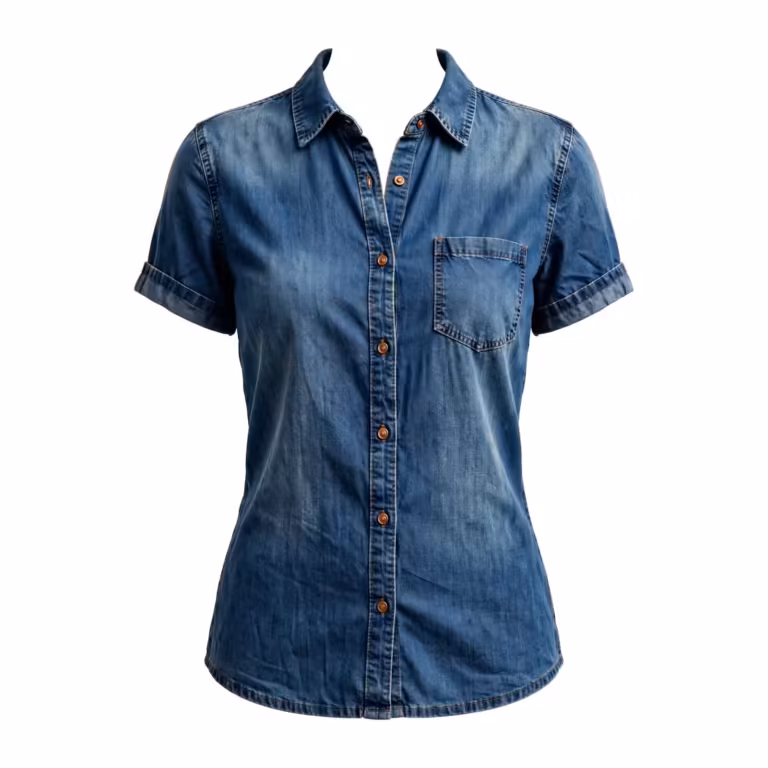 Ladies denim top in mid indigo stonewash, full front view with shirt collar, button placket, chest pocket and short sleeves with turn-back cuffs