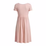 Ladies blush pink nightdress back view with a bound scoop back neckline, short sleeves and fine gathers falling from the back seam into an A-line skirt