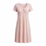 Ladies nightdress in blush pink cotton jersey, full front view with a lace-trim scoop neckline, small satin bow, short sleeves and soft gathers under the bust
