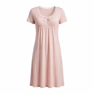 Ladies nightdress in blush pink cotton jersey, full front view with a lace-trim scoop neckline, small satin bow, short sleeves and soft gathers under the bust