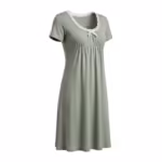 Ladies nightdress in sage green cotton jersey, three-quarter view with a lace-trim scoop neckline, small satin bow, short sleeves, under-bust gathers and a knee-length A-line skirt with a plain hem