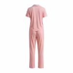 Ladies pyjama set in soft pink cotton single jersey, back view with a short-sleeve top, camp collar seen from behind, a plain back with no buttons or pocket, and matching full-length pants