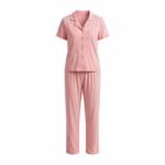 Ladies pyjama set in soft pink cotton single jersey, full front view with a short-sleeve button-front top, notched camp collar, one chest patch pocket and matching full-length pants with an elastic waistband