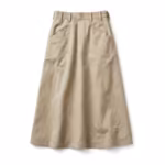 Ladies' A-line midi skirt in stone beige cotton twill, full front view with button waistband, belt loops and slanted side pockets