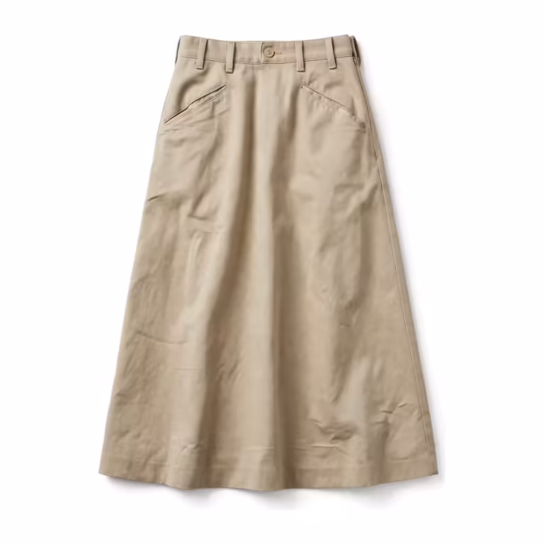 Ladies' A-line midi skirt in stone beige cotton twill, full front view with button waistband, belt loops and slanted side pockets
