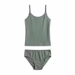 Ladies underwear set in sage green cotton jersey, camisole top and matching bikini brief laid flat as one outfit, full front view with covered elastic edges