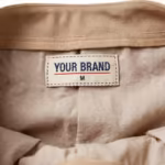 Close-up of the inside back waistband of the ladies wide leg trousers in stone beige polyester crepe showing the cream woven YOUR BRAND label with navy lettering, a red rule line and the size M mark, stitched into the waistband