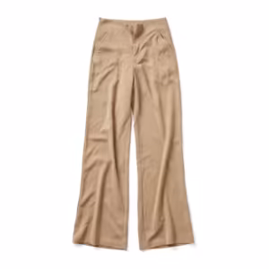 Ladies wide leg trousers in stone beige polyester crepe, full front view with flat waistband, zip fly, slanted side pockets and wide flowing legs