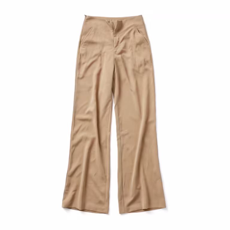 Ladies wide leg trousers in stone beige polyester crepe, full front view with flat waistband, zip fly, slanted side pockets and wide flowing legs