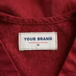 Close-up of the inside back neck of the wine red scrub top showing the cream woven YOUR BRAND label with navy lettering, a red rule line and the size M mark, stitched into the inside neck band