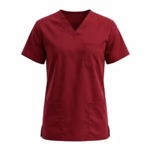 Wine red V-neck scrub top in poly-cotton twill, full front view with short sleeves, two lower patch pockets, one chest pocket and side vents at the hem