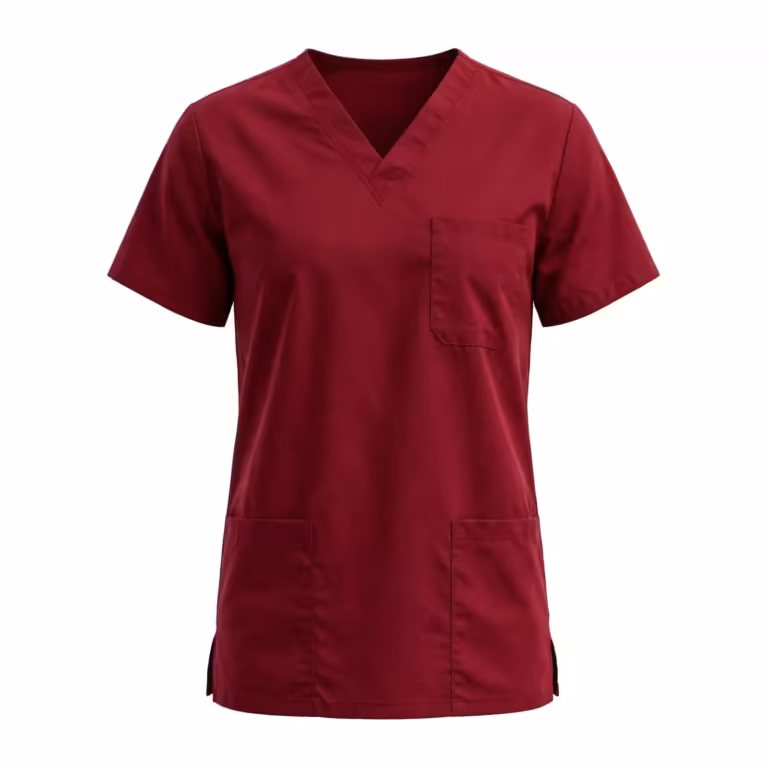 Wine red V-neck scrub top in poly-cotton twill, full front view with short sleeves, two lower patch pockets, one chest pocket and side vents at the hem