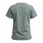 Sage green unisex medical scrub top in poly-cotton twill, back view with a shallow shoulder yoke seam, a plain straight back and side vents at the hem