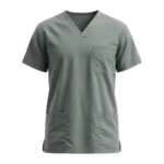 Sage green unisex medical scrub top in poly-cotton twill, full front view with a V-neck, short set-in sleeves, one chest pocket, two lower patch pockets and side vents at the hem
