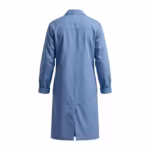 Ceil blue knee-length lab coat in poly-cotton poplin, back view with back yoke seam, centre back vent and turned-back cuffs - the same button-front lab coat as the featured front view