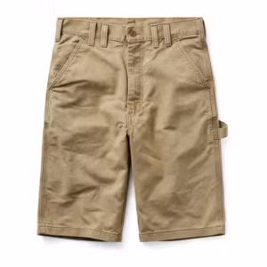 Men's heavy canvas work shorts in khaki cotton duck, full front view with button waistband, wide belt loops, deep slanted pockets and a hammer loop