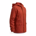 Men's casual hooded rain jacket in brick red matte coated shell, three-quarter angle showing storm placket and flap pocket