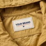 Close-up of the inside back neck of the casual rainwear jacket showing the cream woven YOUR BRAND label with navy lettering, a red rule line and the size M mark, stitched into the neck binding