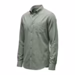 Men's long sleeve casual shirt in sage green cotton oxford, three-quarter angle showing the soft button-down collar, button front, chest pocket and button cuffs