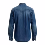 Men's western denim shirt back view in mid indigo wash with pointed back yoke, collar band and snap cuffs