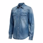 Men's western denim shirt in stonewash indigo, three-quarter angle showing the pearl snap front, western yokes and sawtooth flap pockets