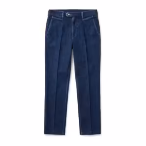 Men's denim trousers in indigo denim, full front view with flat front, slanted pockets, tailored waistband with hook-and-bar closure and pressed leg creases