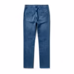 Men's denim trousers in stonewash denim, back view with tailored waistband, belt loops and two buttoned welt pockets