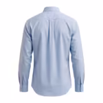 Men's dress shirt back view in light blue poplin with shoulder yoke, centre box pleat and button cuffs