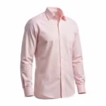 Men's dress shirt in soft pink, three-quarter angle showing the fused semi-spread collar, stitched button placket, single chest pocket and single-button cuffs