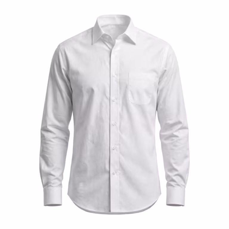 Men's dress shirt in white cotton poplin, full front view with fused semi-spread collar, button placket and single chest pocket