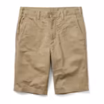 Men's casual chino shorts in khaki cotton twill, full front view with flat front, button waistband, belt loops and slanted pockets