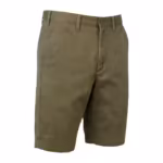 Men's casual chino shorts in olive cotton twill, three-quarter ghost form angle showing the flat front, button waistband, belt loops and slanted pocket