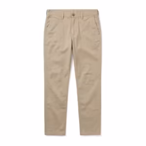 Men's slim fit chino pants in stone cotton twill, full front view with tapered leg and slanted front pockets