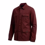 Men's twill jacket in burgundy cotton twill, three-quarter angle view of the chore cut with shirt collar, horn-look button front, flap patch pockets at the chest and waist and button cuffs
