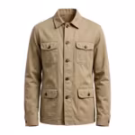 Men's twill jacket in khaki cotton twill, full front view of the chore cut with button front, flap patch pockets at the chest and waist and button cuffs