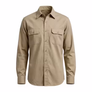Men's cotton twill work shirt in khaki with fine diagonal weave, full front view with point collar, button placket and two button-flap chest pockets