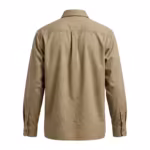 Men's work shirt back view in khaki cotton twill with shoulder yoke, centre pleat below the yoke and button cuffs