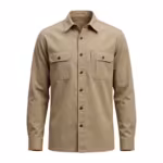 Men's work shirt in khaki cotton twill, full front view with point collar, button placket, two chest pockets with buttoned flaps and a pen slot on the left pocket