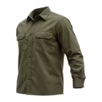 Men's work shirt in olive green poly-cotton poplin, three-quarter angle showing the button front, two flap chest pockets and button cuff