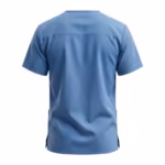 Ceil blue men's scrub top in poly-cotton twill, back view with a plain panel, shoulder yoke seam, short sleeves and side vents at the straight hem