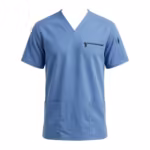 Ceil blue men's scrub top in poly-cotton twill, full front view with V-neck, a zipped chest pocket, a zipped sleeve pocket and two open patch pockets at the hips