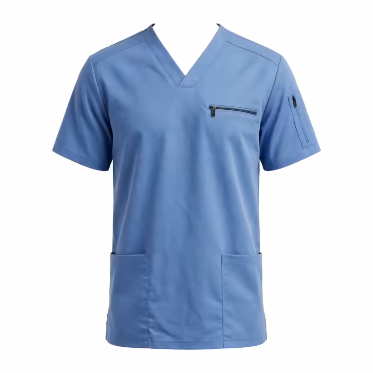 Ceil blue men's scrub top in poly-cotton twill, full front view with V-neck, a zipped chest pocket, a zipped sleeve pocket and two open patch pockets at the hips