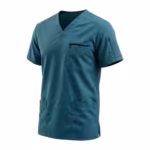 Teal men's scrub top in poly-cotton twill, three-quarter angle view showing the zipped chest pocket, the zipped sleeve pocket and the patch pockets
