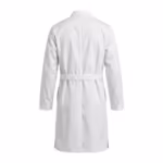 Men's white zipper smock lab coat, full back view with plain back panel, centre seam, half belt at the back waist and side vents at the hem
