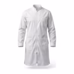 Men's white zipper smock lab coat in poly-cotton poplin, full front view with stand collar, full-length front zip, one chest pocket and two large lower patch pockets