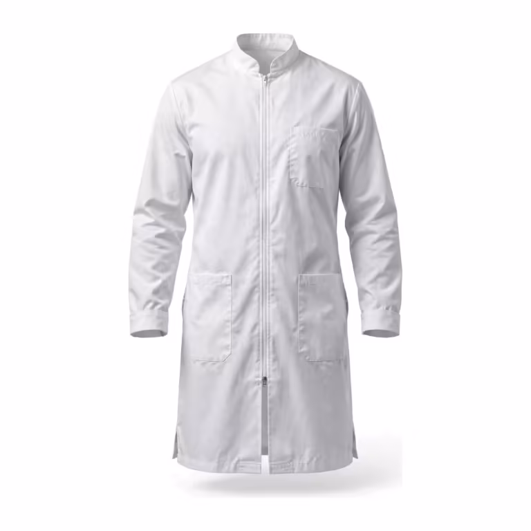 Men's white zipper smock lab coat in poly-cotton poplin, full front view with stand collar, full-length front zip, one chest pocket and two large lower patch pockets