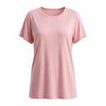 Ladies night t-shirt in soft pink cotton jersey, full front view with a longer relaxed body, a bound crew neckline and short loose sleeves