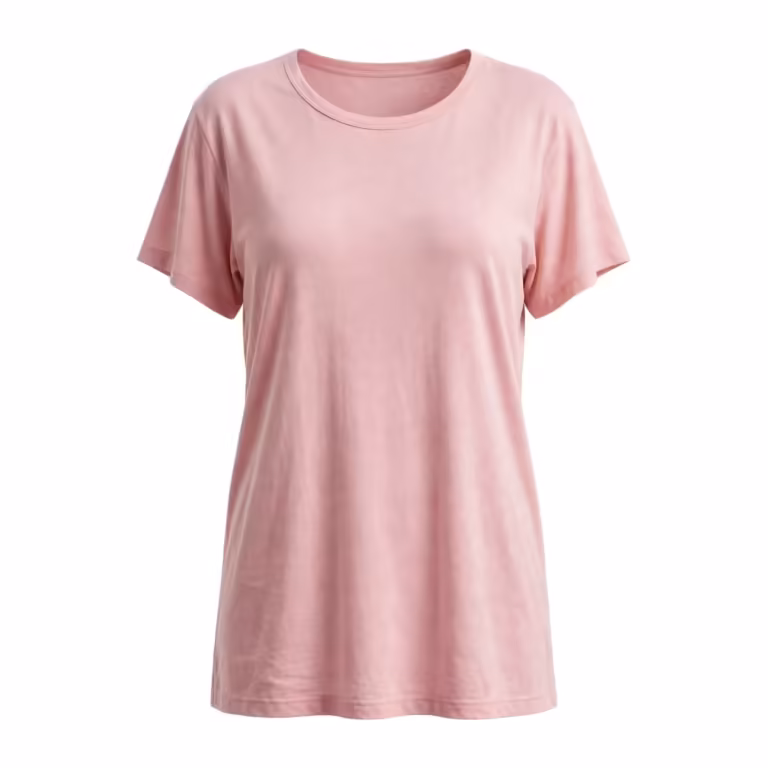 Ladies night t-shirt in soft pink cotton jersey, full front view with a longer relaxed body, a bound crew neckline and short loose sleeves